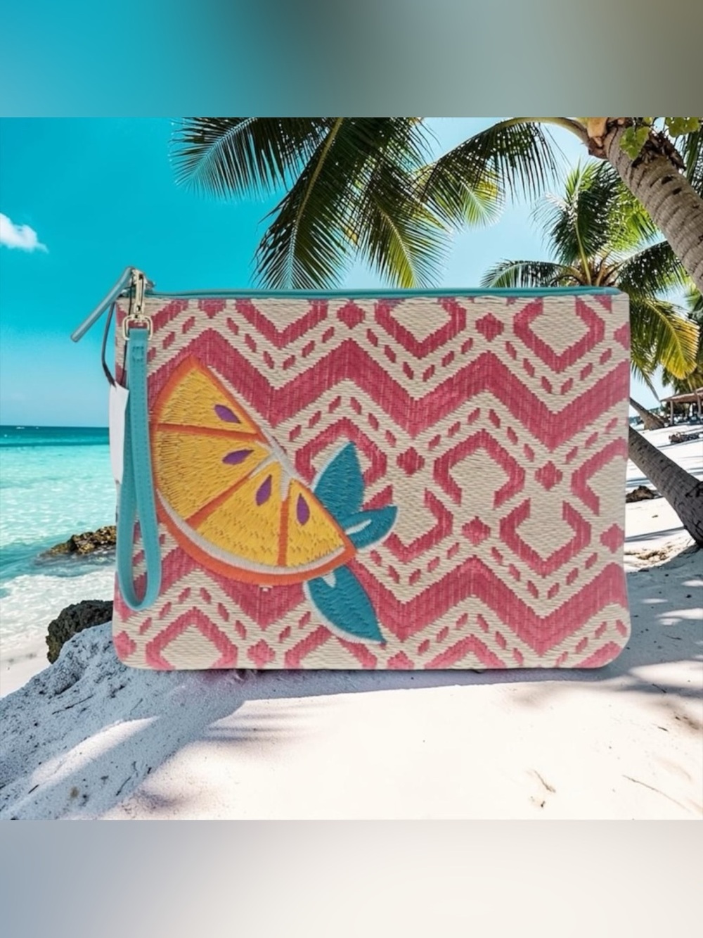 🍊VERA BRADLEY🍊Red Chevron Straw Beach Wristlet with Citrus Embroidery/NWT